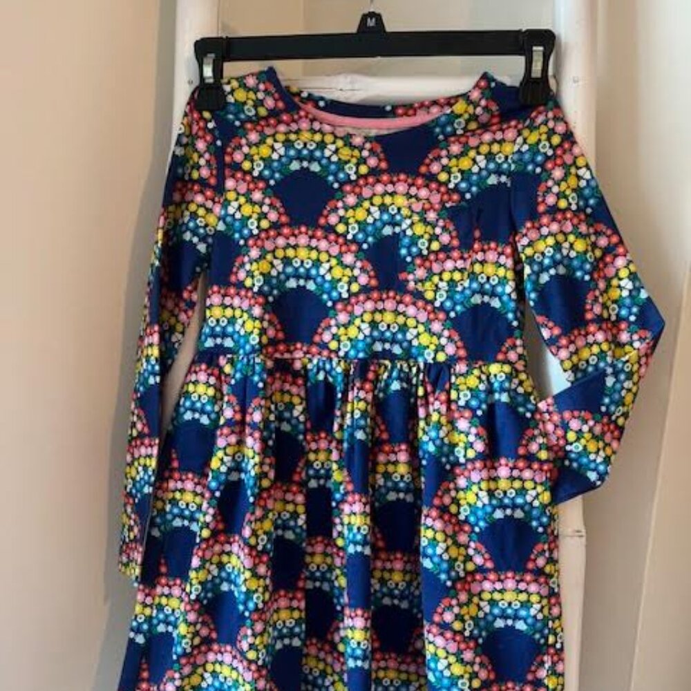 Mini Boden Navy rainbow floral dress long sleeve with pockets